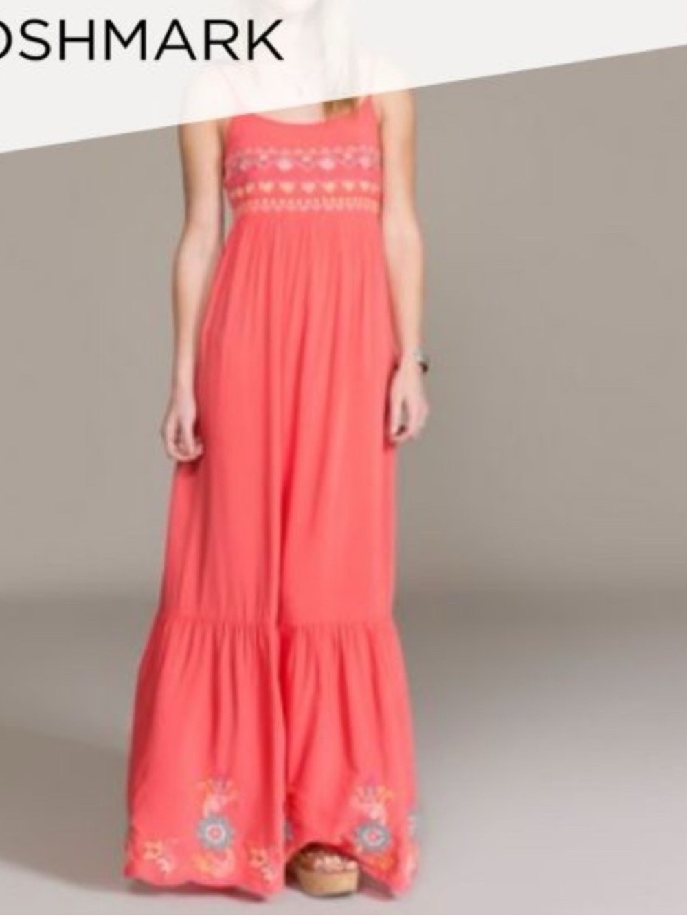 Flying Tomato Coral Maxi Dress with Embroidered Hem